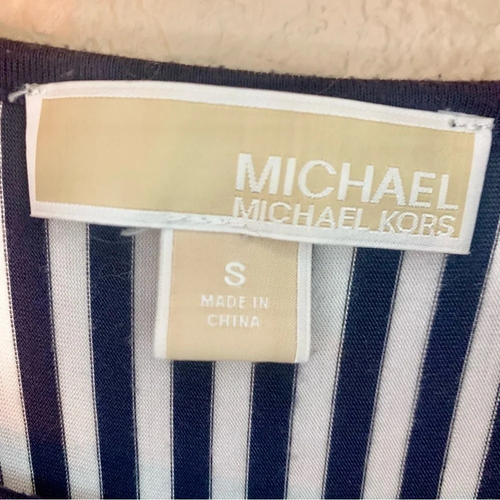 MK Michael Kors Tunic Top Small Navy Blue White Striped Front Sheer Back